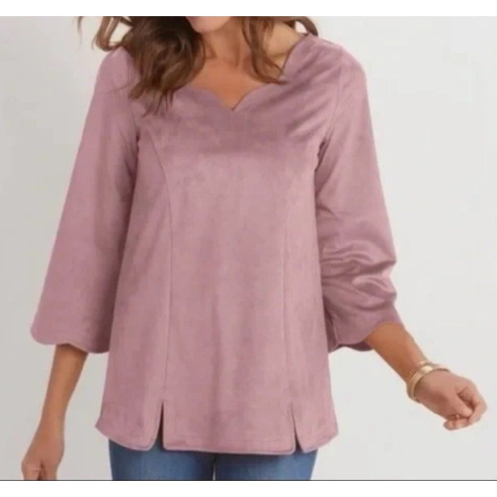 Soft Surroundings Wishing Bell Faux Suede‎ 3/4 Sleeve Tunic Top Lavender Size L